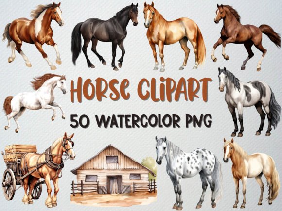 Download Watercolor Horse Clipart Set, 50 PNG - Horse Collection