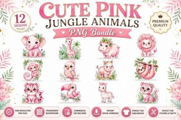 Download Cute Pink Jungle Animals PNG Clipart Set - Jungle animals png Collection
