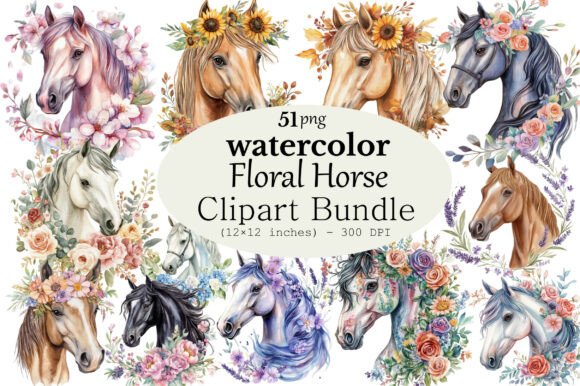 Download Watercolor Floral Horse Clipart Bundle - Horse Collection